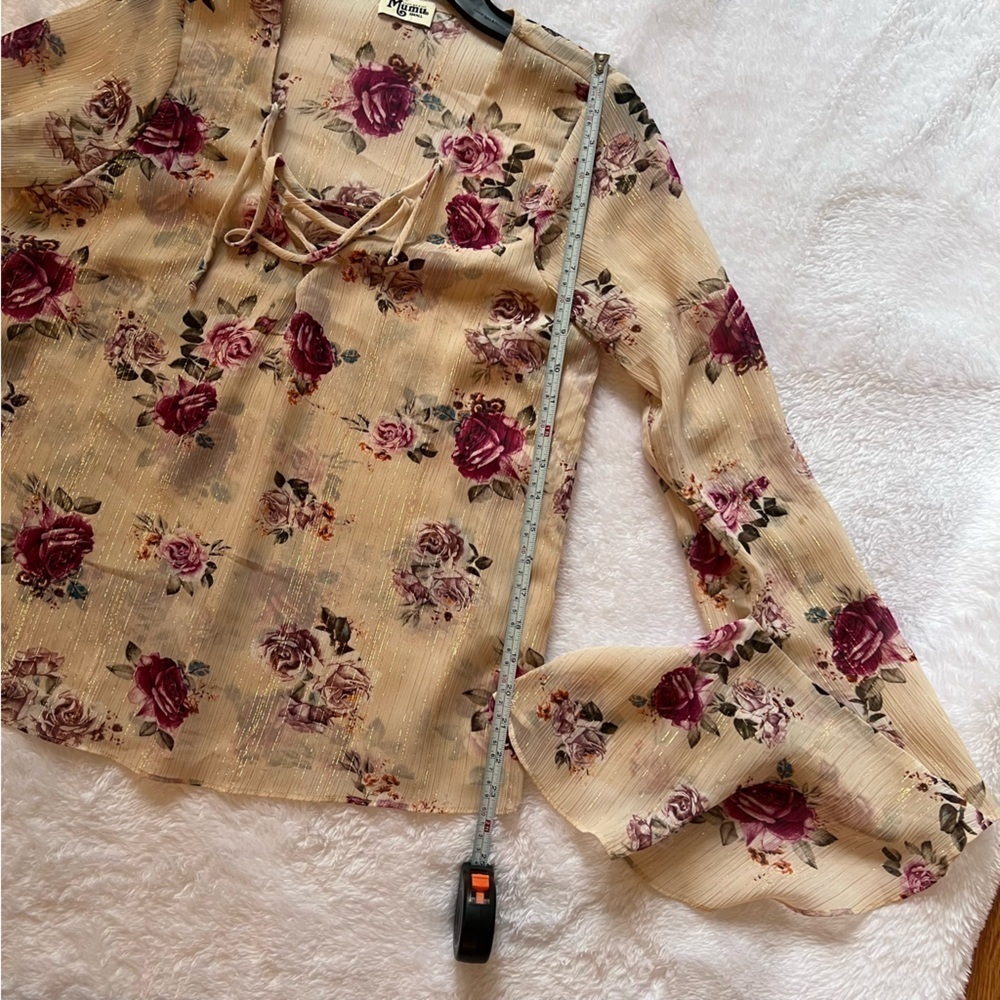Show Me Your Mumu Floral Lace Up Blouse Top Bell Sleeve Small S - Picture 4 of 7
